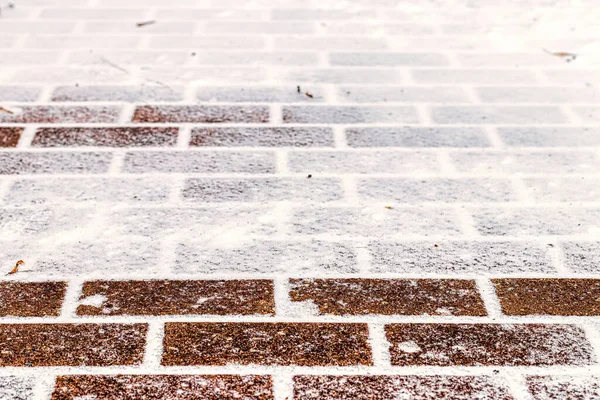 Textura Caminho Paralelepípedos Coberto Com Primeira Neve Inverno Fundo Inverno — Fotografia de Stock