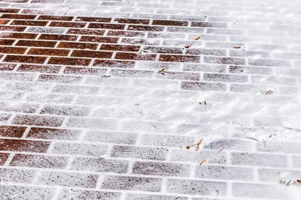 Textura Caminho Paralelepípedos Coberto Com Primeira Neve Inverno Fundo Inverno — Fotografia de Stock