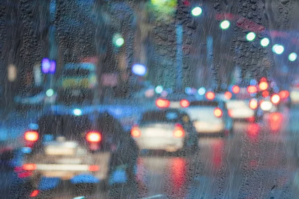 Blurry Moving Cars Headlights Lanterns Reflecting Wet Asphalt Night City — Stock Photo, Image