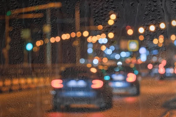 Blurry Moving Cars Headlights Lanterns Reflecting Wet Asphalt Night City — Stock Photo, Image