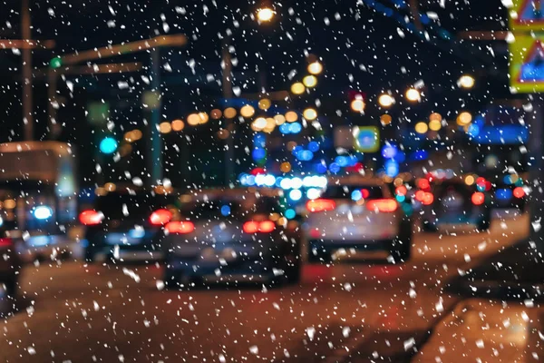 Falling Snow Background Cars Headlights Night Concept First Snow Snowfall — Stock Photo, Image