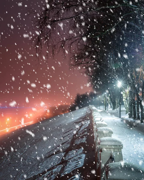Parque Invierno Por Noche Con Linternas Brillantes Vista Carretera Con —  Fotos de Stock