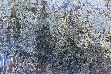 Frost texture on frozen glass in winter. Winter background.            