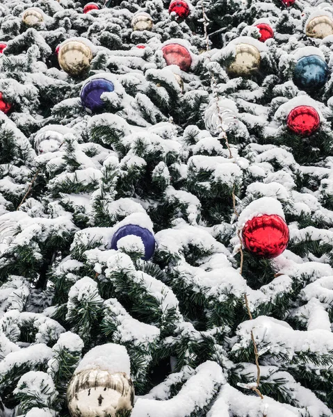 Christmas Toys Balls Artificial Spruce Xmas Abstract Background — Stock Photo, Image