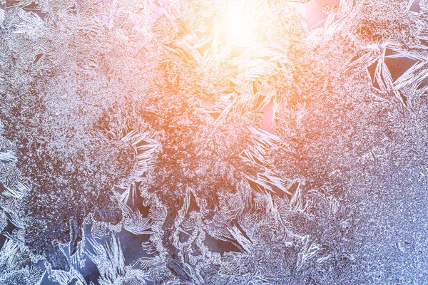 Textura Escarcha Sobre Vidrio Congelado Iluminado Por Sol Invierno Fondo — Foto de Stock