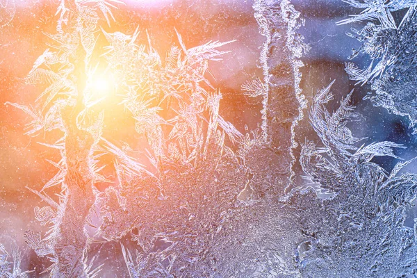 Textura Escarcha Sobre Vidrio Congelado Iluminado Por Sol Invierno Fondo — Foto de Stock