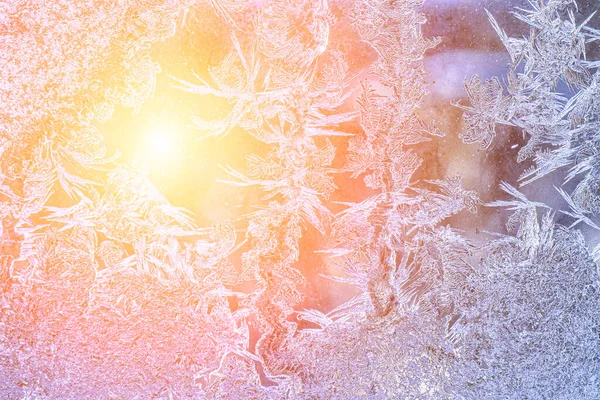 Frost Texture Frozen Glass Illuminated Sun Winter Winter Background — Fotografia de Stock