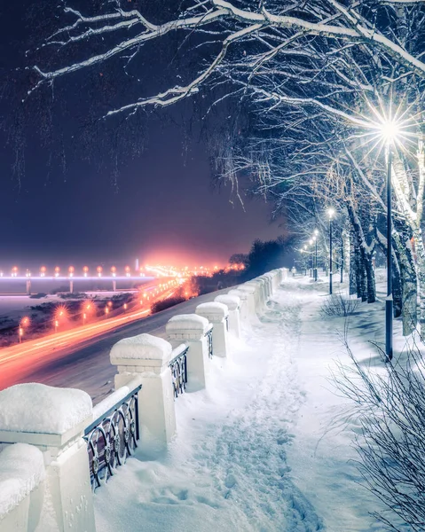 Parque Invierno Por Noche Con Decoraciones Navideñas Linternas Brillantes Pavimento —  Fotos de Stock