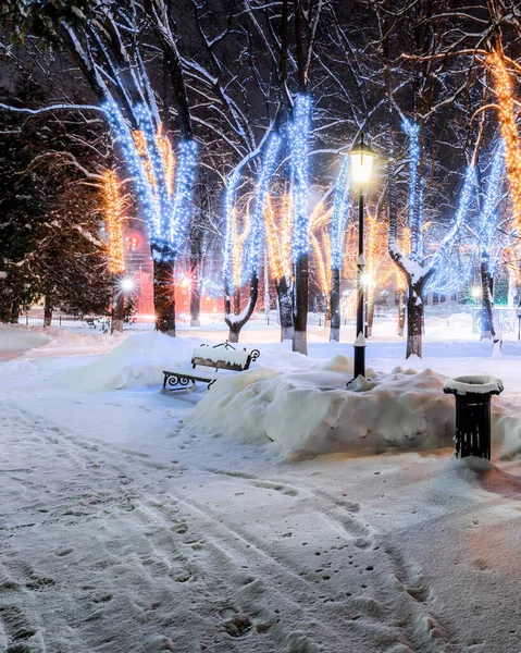 Zimowy Park Nocy Dekoracjami Świątecznymi Świecącymi Latarniami Bruk Pokryty Śniegiem — Zdjęcie stockowe