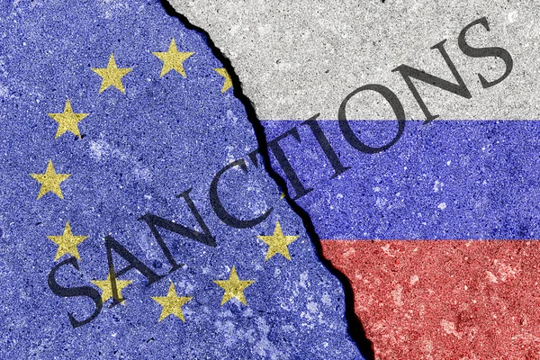 Fenda Entre Federação Russa União Europeia Bandeiras Parede Concreto Conceito — Fotografia de Stock