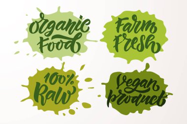 Vejetaryen, vejetaryen, çiğ, eko, biyoloji, doğal, taze, glüten ve GDO besin diyeti tasarımı içeren el yapımı rozetler ve etiketler. Ürün, kafe, restoran ve organik ürünler için organik gıda elementleri belirlendi