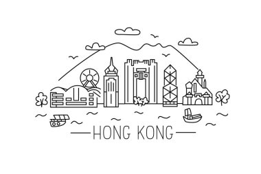 Hong Kong Lineart illüstrasyonu. Hong Kong hattı çizimi. Modern tarz Hong Kong şehir illüstrasyonu. El yapımı poster, afiş, kartpostal seyahat şirketi için kart şablonu, tişört. Vektör EPS