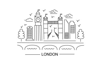 Lindon Lineart illüstrasyonu. Londra hattı çizimi. Modern tarz Londra şehir illüstrasyonu. El yapımı poster, afiş, kartpostal seyahat şirketi için kart şablonu, tişört. Vektör EPS 10. Köprü