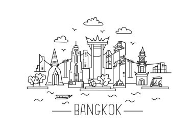 Bangkok defans çizimi. Bangkok çizimi. Modern tarz Bangkok şehir illüstrasyonu. El yapımı poster, afiş, kartpostal seyahat şirketi için kart şablonu, tişört. Vektör EPS 10