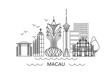Macau Lineart Illustrasyon. Macau, Çin sınırı çizimi. Modern tarz Macau şehir illüstrasyonu. El yapımı poster, afiş, kartpostal seyahat şirketi için kart şablonu, tişört. Vektör EPS 10