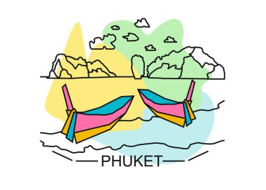 Phuket çizgi çizimi. Phuket hattı çizimi. Modern tarz Phuket şehri illüstrasyonu. El yapımı poster, afiş, kartpostal seyahat şirketi için kart şablonu, tişört. Vector EPS 10. Plaj