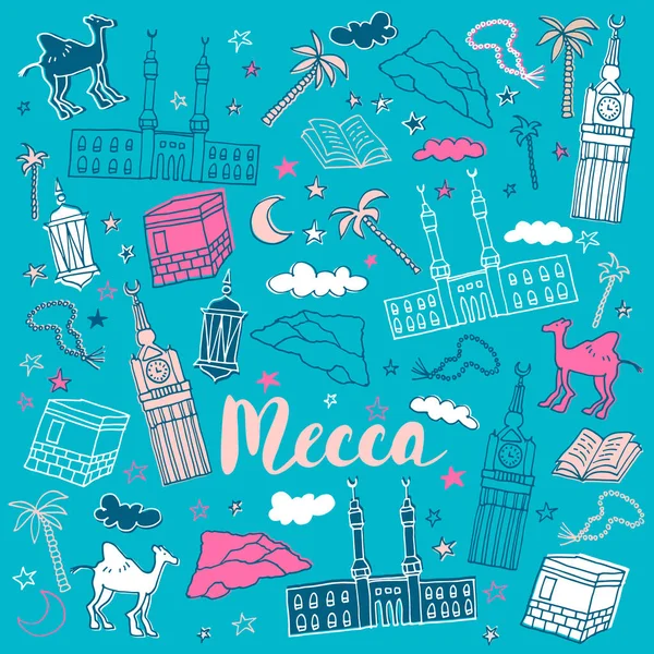 Mecca city doodle illustration. Mecca holiday travel cartoon drawing. Modern doodle Mecca illustration. Hand sketched poster, banner, postcard, card template for travel company, T-shirt, shirt. Vector Stock Illustration