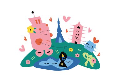 Tokyo çizgi film illüstrasyonu. Modern Tokyo şehir illüstrasyonu. Japonya tatil gezisi düz çizim. El yapımı poster, afiş, kartpostal seyahat şirketi için kart şablonu, tişört. Vektör