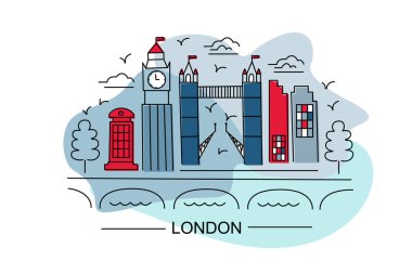 Modern tarz Londra şehir illüstrasyonu. Lindon Lineart illüstrasyonu. El yapımı poster, afiş, kartpostal seyahat şirketi için kart şablonu, tişört. Vektör EPS 10. Köprü. Londra hattı çizimi