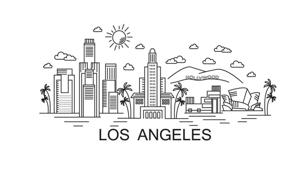 Los Angeles vacanze disegno linea di viaggio. Illustrazione moderna in stile piatto LA. Los Angeles Lineart illustrazione. Manifesto disegnato a mano, banner, cartolina, modello di carta per società di viaggi, T-shirt, camicia — Vettoriale Stock