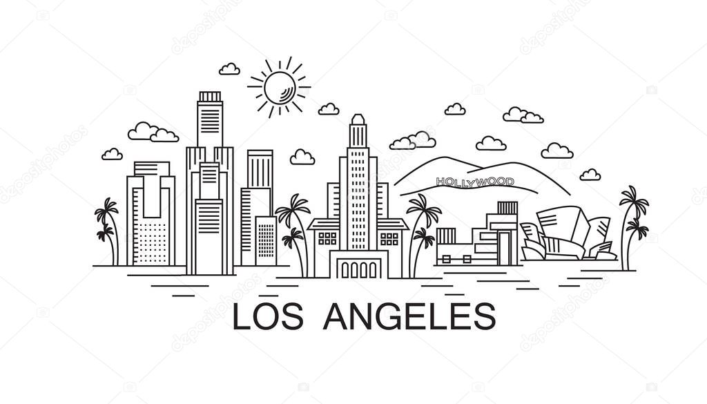 Los Angeles holiday travel line drawing. Modern flat style LA illustration. Los Angeles lineart illustration. Hand sketched poster, banner, postcard, card template for travel company, T-shirt, shirt