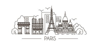 Paris tatil hattı çizimi. Paris şehri düz çizimi. Modern Lineart Paris illüstrasyonu. El yapımı poster, afiş, kartpostal seyahat şirketi için kart şablonu, tişört. Vektör EPS