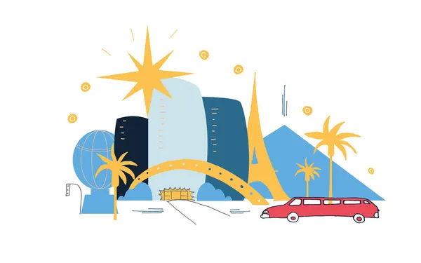 Las Vegas viaggi appartamento disegno. Illustrazione del fumetto americano di città di stile moderno. Illustrazione degli scarabocchi di Las Vegas. Manifesto disegnato a mano, banner, cartolina, modello di carta per società di viaggi, T-shirt — Vettoriale Stock