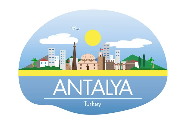 Antalya düz çizim. Modern tarz Antalya şehir illüstrasyonu. Antalya çizimi. El yapımı poster, afiş, kartpostal seyahat şirketi için kart şablonu, tişört. Vektör EPS 10 — Stok Vektör