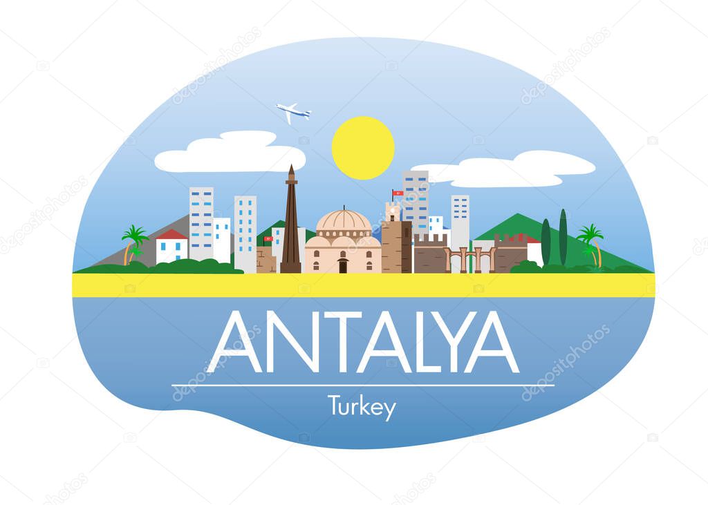 Antalya flat illustration. Modern style Antalya city illustration. Antalya line drawing. Hand sketched poster, banner, postcard, card template for travel company, T-shirt, shirt. Vector EPS 10