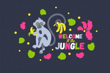 Metinli maymun, çocuklar için çiçek vektör çizimi tasarımı moda grafikleri, tişört baskıları, posterler, çıkartmalar vs. Çocuk Afişi Ormana Hoşgeldiniz. Erkek moda kaligrafisi