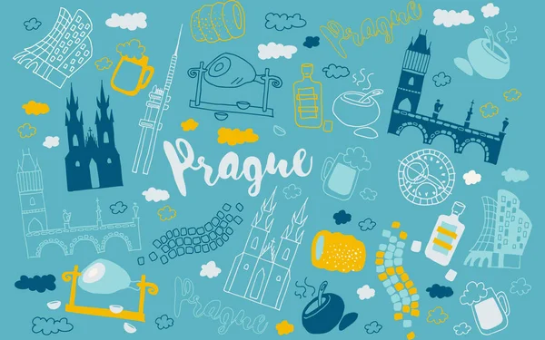 Prag, Çek karalama çizimi. Prag karalama illüstrasyonu. Modern tarz Prag şehri illüstrasyonu. El yapımı poster, afiş, kartpostal seyahat şirketi için kart şablonu, tişört. Vektör EPS 10