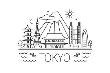 Tokyo çizgi çizimi. Japonya tatil hattı çizimi. Modern Tokyo şehir illüstrasyonu. El yapımı poster, afiş, kartpostal seyahat şirketi için kart şablonu, tişört. Vektör
