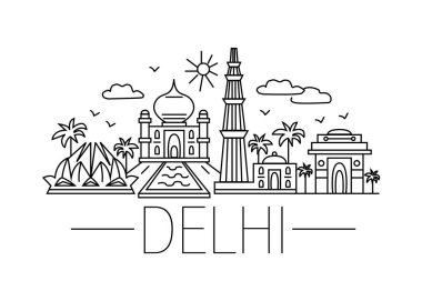 Delhi karikatür çizimi. Delhi çizgi filmi çizimi. Modern tarz Delhi şehir illüstrasyonu. El yapımı poster, afiş, kartpostal seyahat şirketi için kart şablonu, tişört. Vektör EPS 10