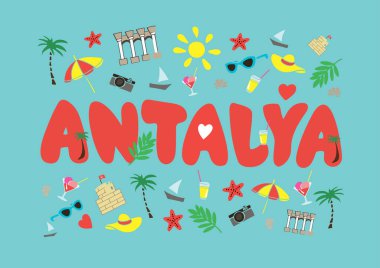 Antalya düz çizim. Antalya çizimi. Modern tarz Antalya şehir illüstrasyonu. El yapımı poster, afiş, kartpostal seyahat şirketi için kart şablonu, tişört. Vektör EPS 10
