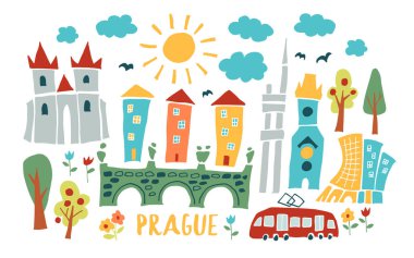Prag karalama illüstrasyonu. Prag, Çek karalama çizimi. Modern tarz Prag şehri illüstrasyonu. El yapımı poster, afiş, kartpostal seyahat şirketi için kart şablonu, tişört. Vektör EPS 10