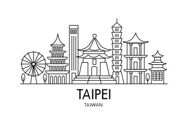 Taipei çizgi çizimi. Taipei çizgisi çizimi. Modern tarz Taipei şehir illüstrasyonu. El yapımı poster, afiş, kartpostal seyahat şirketi için kart, tişört. EPS 10 vektör illüstrasyonu