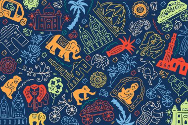 Delhi karikatür çizimi. Delhi çizgi filmi çizimi. Modern tarz Delhi şehir illüstrasyonu. El yapımı poster, afiş, kartpostal seyahat şirketi için kart şablonu, tişört. Vektör EPS 10