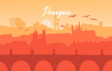 Prag düz illüstrasyon. Prag, Çek düz çizimi. Modern tarz Prag şehri illüstrasyonu. El yapımı poster, afiş, kartpostal seyahat şirketi için kart şablonu, tişört. Vektör EPS 10