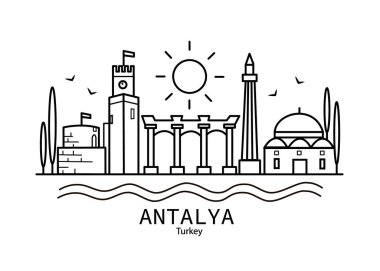 Antalya düz çizim. Antalya çizimi. Modern tarz Antalya şehir illüstrasyonu. El yapımı poster, afiş, kartpostal seyahat şirketi için kart şablonu, tişört. Vektör EPS 10