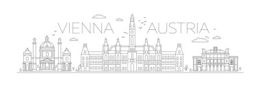 Vienna Lineart Illustrasyon. Avusturya tatil gezisi düz çizim. Modern tarz Viyana şehir illüstrasyonu. El çizimi poster, afiş, kartpostal seyahat şirketi için kart şablonu, tişört.