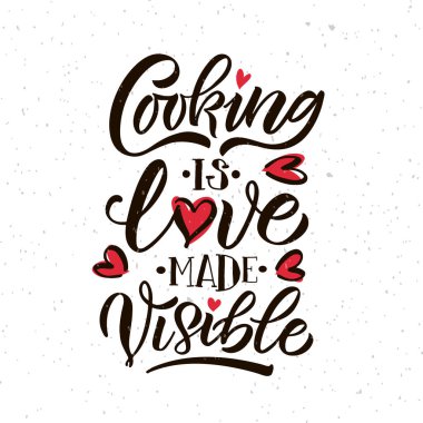 El yapımı ilham verici bir alıntı Aşçılık Görünür Aşktır. El yapımı motivasyon amaçlı kartpostal, kart, el ilanı, afiş şablonu. Yemek pişirme harfleri tipografisi. Vektör illüstrasyonu EPS 10