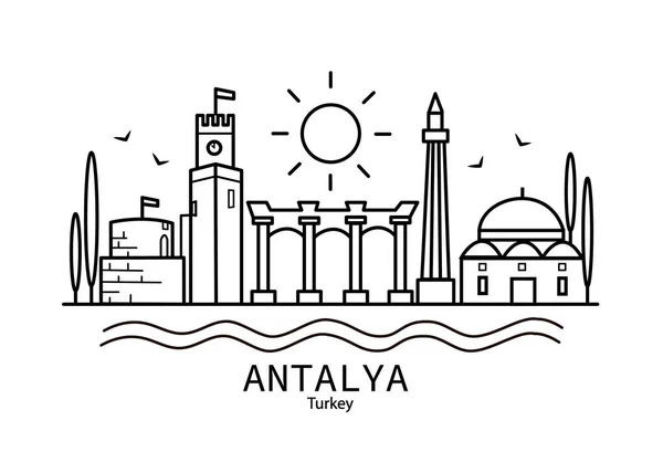 Illustration plate d'Antalya. Dessin de ligne Antalya. Illustration de ville Antalya de style moderne. Affiche esquissée à la main, bannière, carte postale, modèle de carte pour agence de voyage, T-shirt, chemise. EPS vectoriel 10 — Image vectorielle