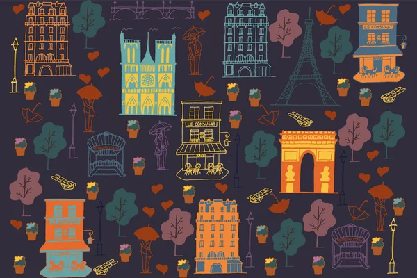 Zeichentrickfilm aus Paris. Paris Urlaubsreise Doodle Zeichnung. Moderne Cartoon-Illustration aus Paris. Handskizziertes Poster, Banner, Postkarte, Kartenvorlage für Reiseunternehmen, T-Shirt, Hemd — Stockvektor