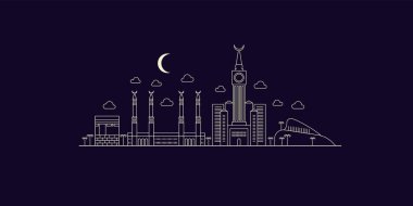 Mekke şehri düz çizimi. Mekke tatil hattı çizimi. Modern Lineart Mekke illüstrasyonu. El yapımı poster, afiş, kartpostal seyahat şirketi için kart şablonu, tişört. Vektör EPS
