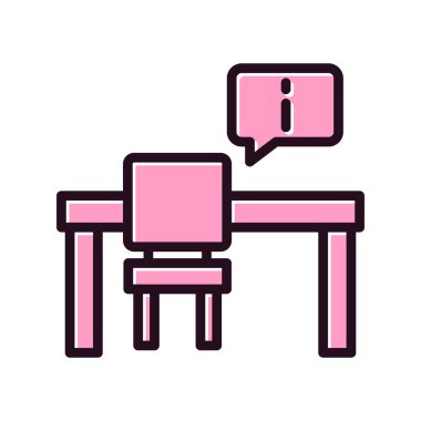 İş yeri masa sandalyesi, ünlem işareti, ofis vektör illüstrasyonu