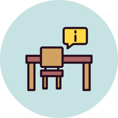 İş yeri masa sandalyesi, ünlem işareti, ofis vektör illüstrasyonu