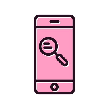 Büyüteç cam ikon vektörlü cep telefonu. İnce çizgi işareti. izole edilmiş sınır sembolü çizimi