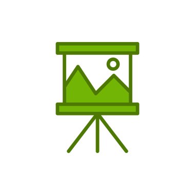 Beyaz arkaplanda izole edilmiş sunum simgesi vektörü, şeffaf, dış hat renkli sembol üzerinde analitik işaret logosu konsepti