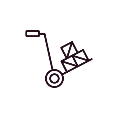 Kutu ikonlu el arabası. Web için kömür kamyonu vektör çizgisi simgelerinin ana hatları