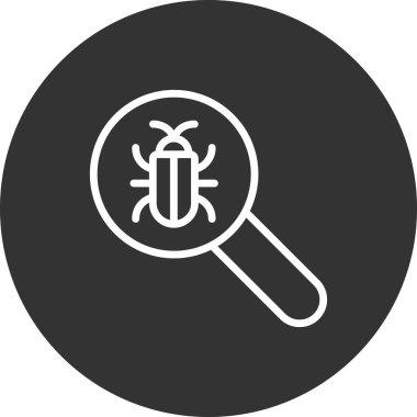 Virüs ikon vektörlü büyüteç. hata arama işareti. İzole sembol çizimi. Hata Detektörü